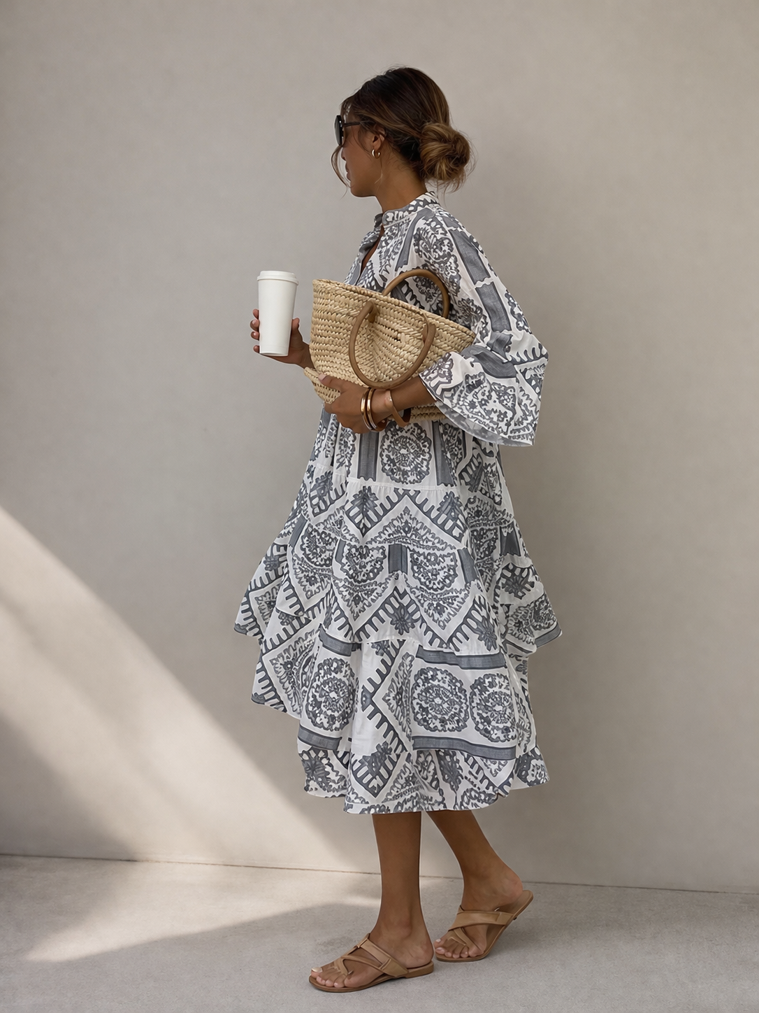 Solara - Bohemian V-Neck Print Midi Dress for Women