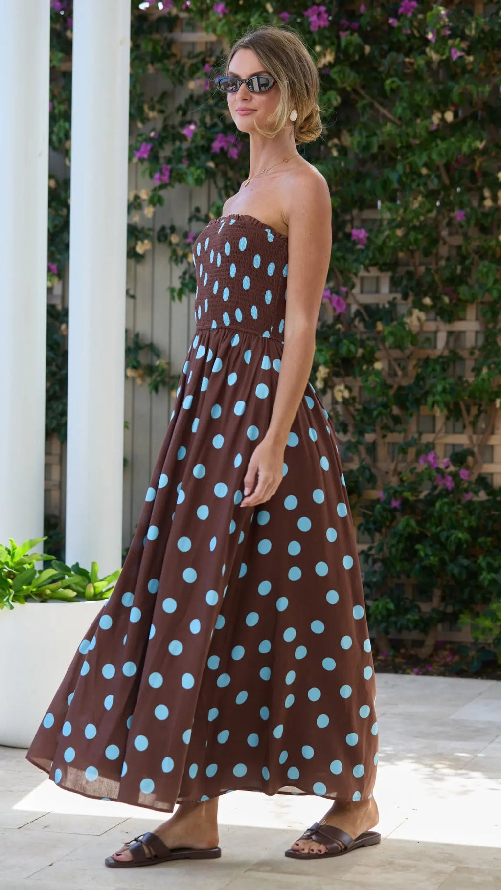 Polka Dot Shirred Maxi Dress for Women — Chocolate and Blue - gallery