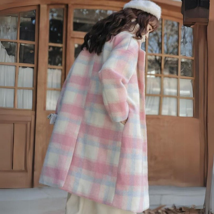 Damira - Women's Double-Breasted Coat in Pastel Check Wool Blend