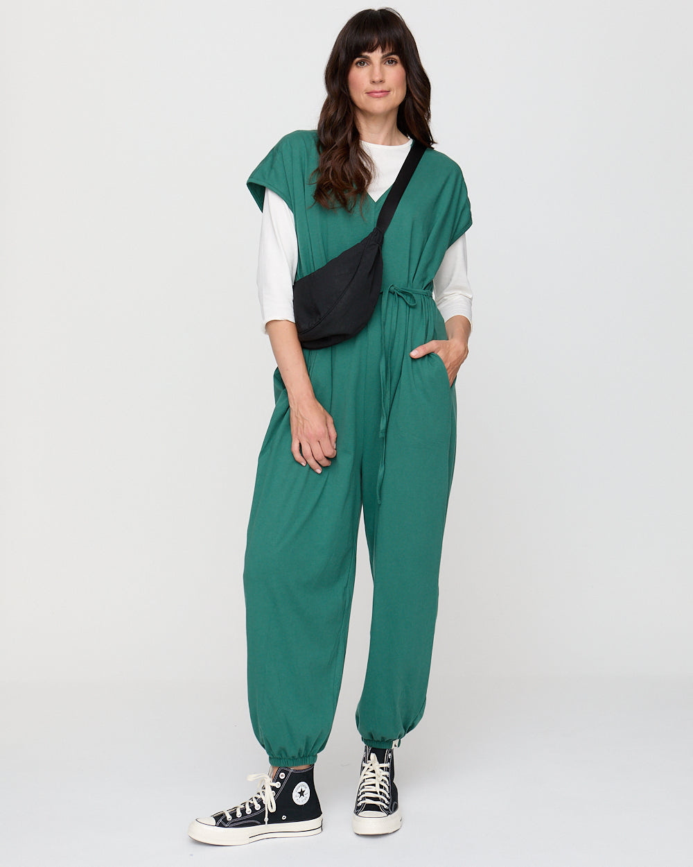 Green Tie Waist Organic Cotton Jumpsuit for Women — Balloon Leg