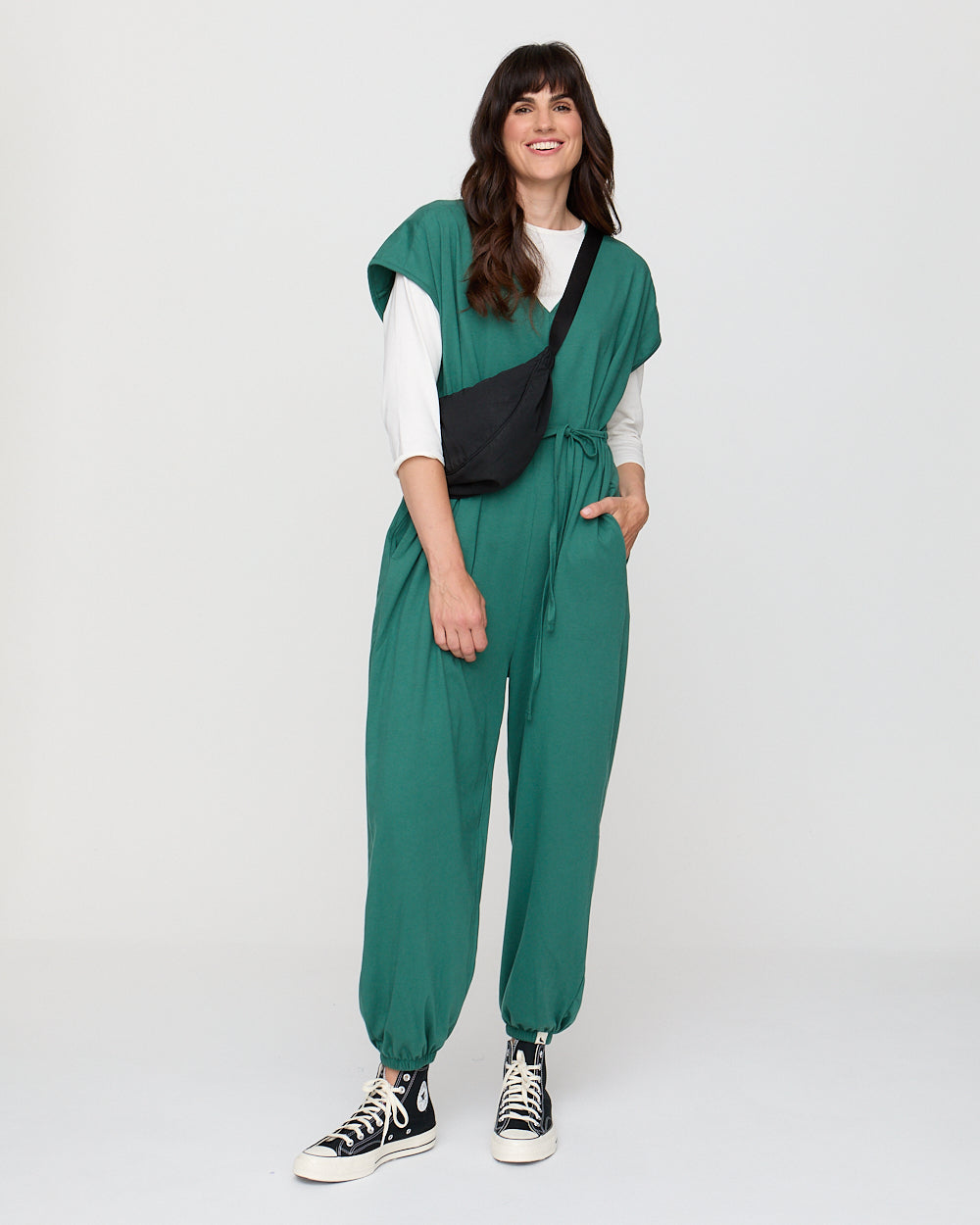 Green Tie Waist Organic Cotton Jumpsuit for Women — Balloon Leg - gallery