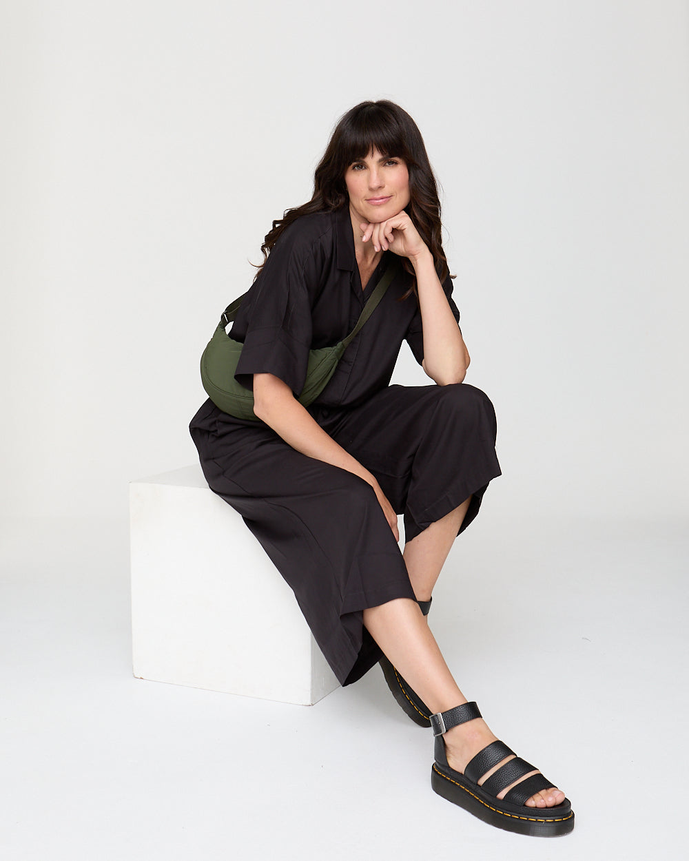 Black Wide-Leg Crop Jumpsuit for Women — Button Front Pockets - gallery