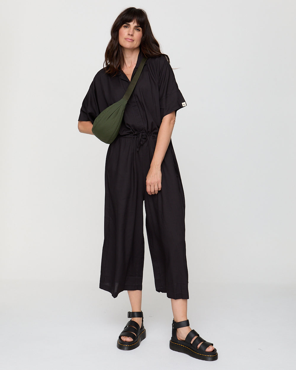Black Wide-Leg Crop Jumpsuit for Women — Button Front Pockets