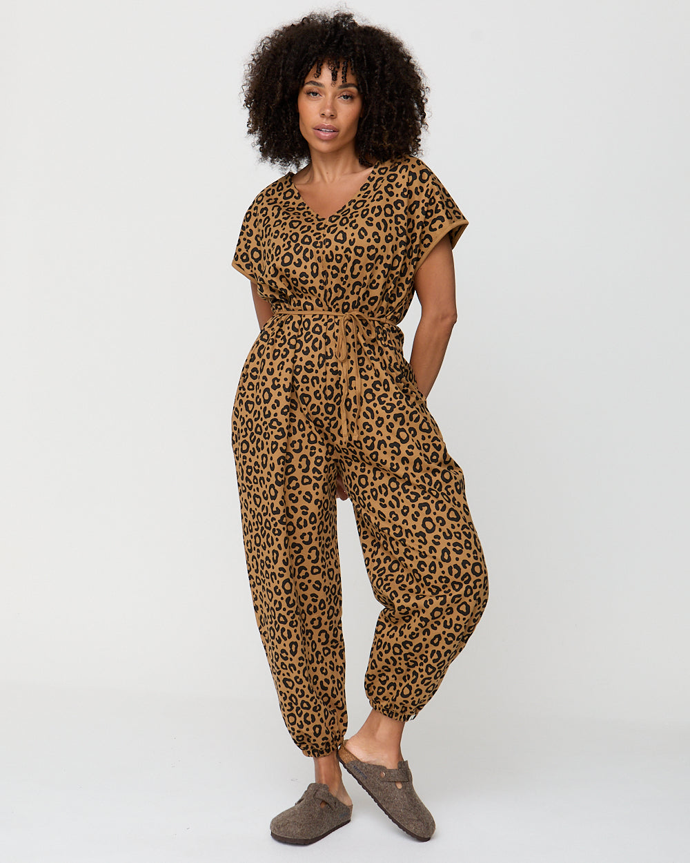 Brown Animal Print Tie Waist Jumpsuit for Women — Balloon Leg - gallery