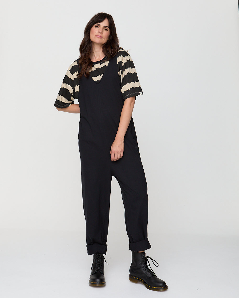 Black Organic Cotton Dungaree Jumpsuit for Women — Elastic Straps - gallery