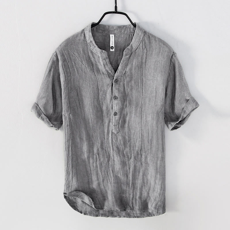 Solid Colour Half-Button Cotton Linen Shirt for Men