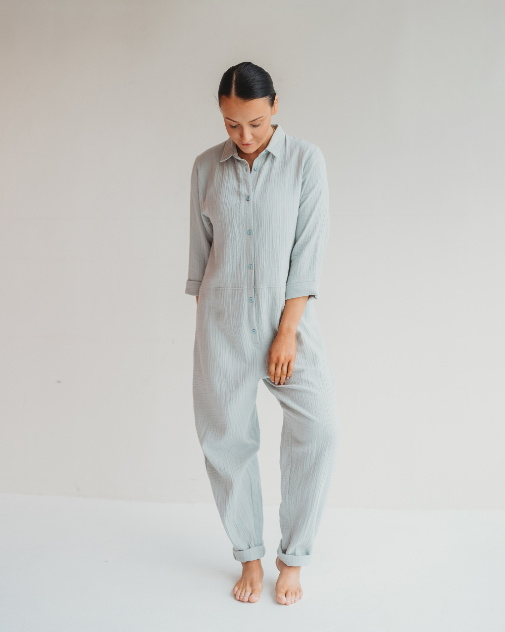 Collared Button Front Jumpsuit for Women — Organic Cotton Boiler Suit - gallery