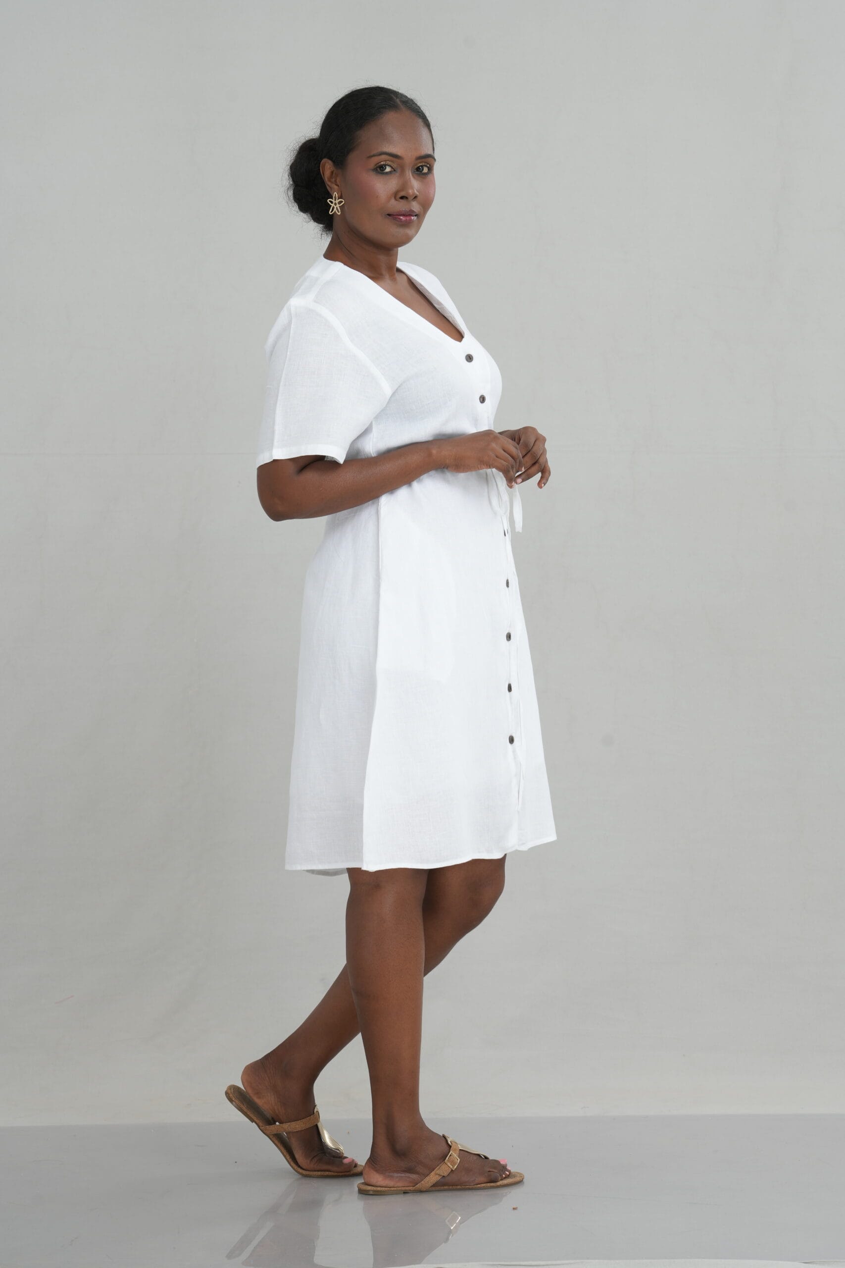 Drawstring Waist Linen Short Dress for Women