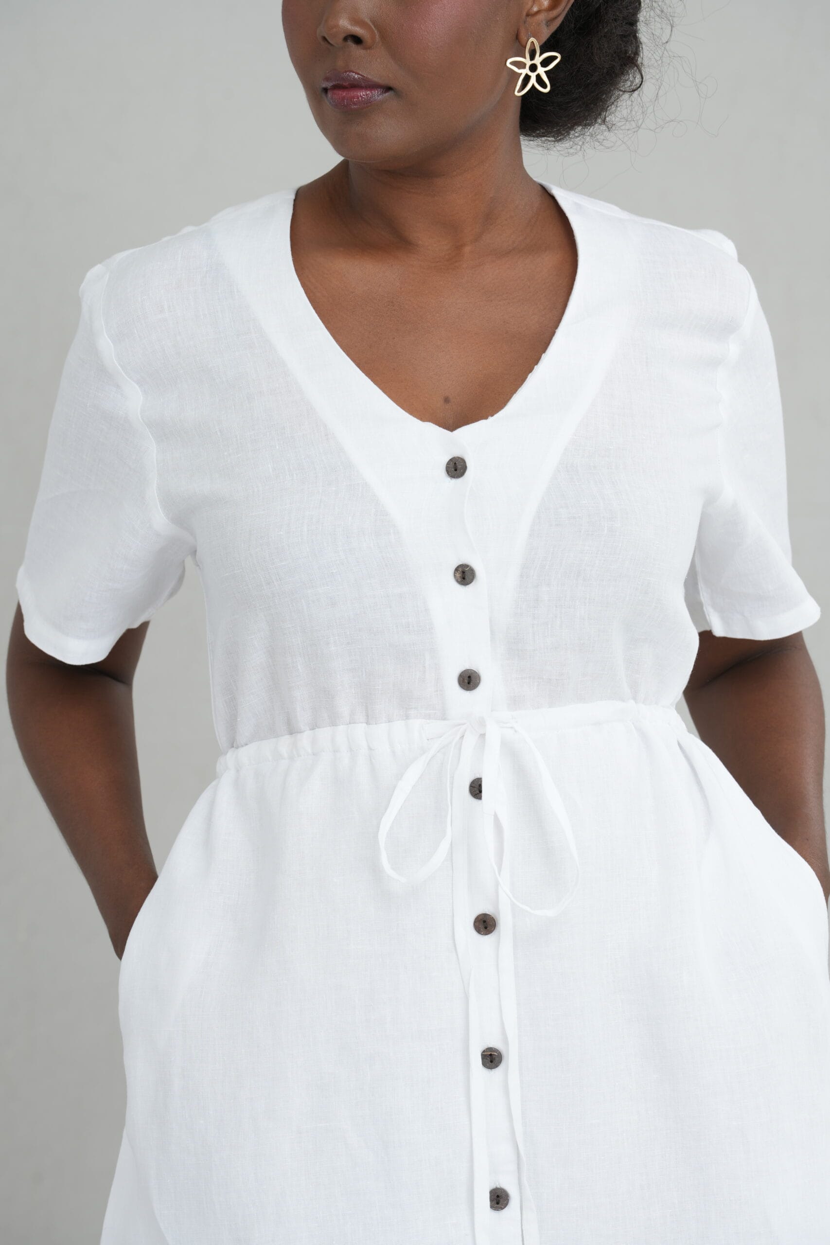 Drawstring Waist Linen Short Dress for Women - gallery