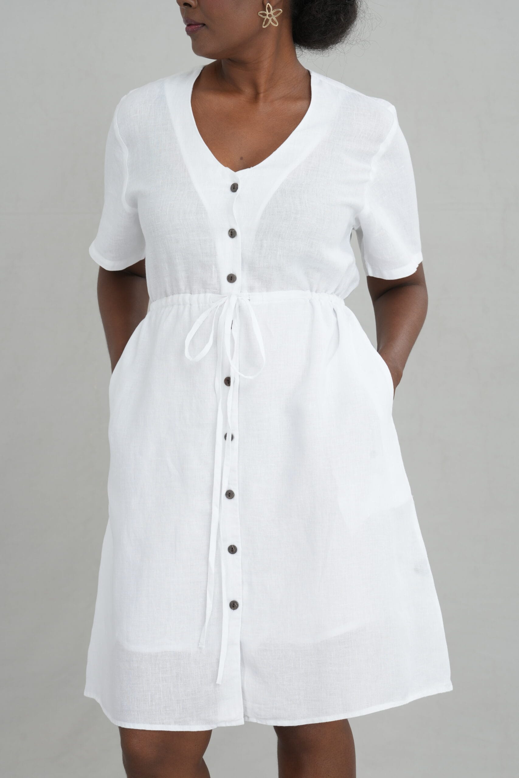 Drawstring Waist Linen Short Dress for Women - gallery