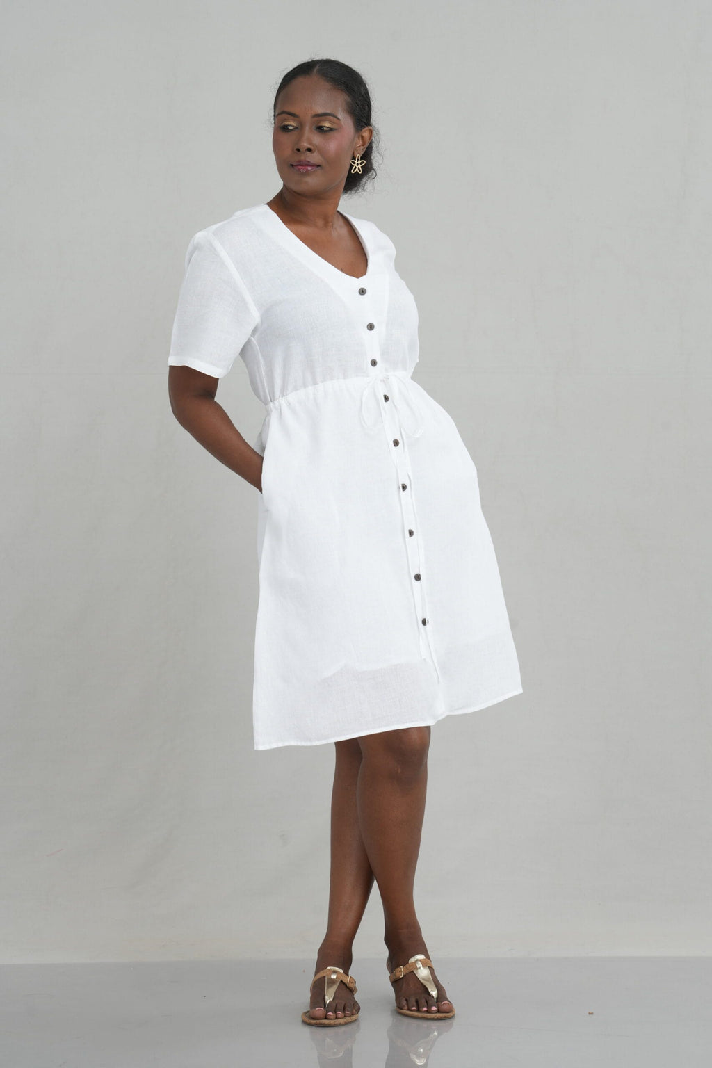 Drawstring Waist Linen Short Dress for Women - gallery