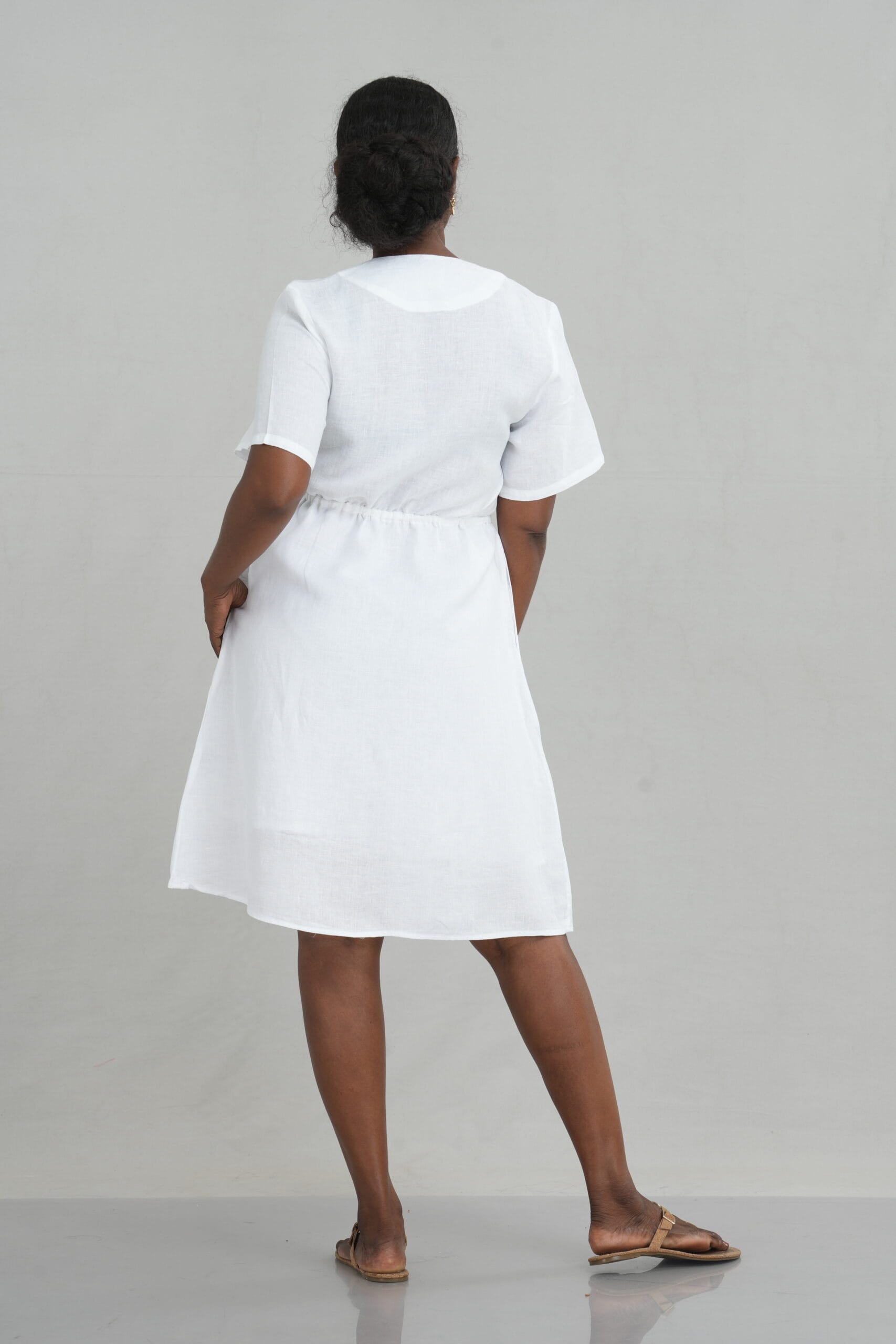 Drawstring Waist Linen Short Dress for Women - gallery