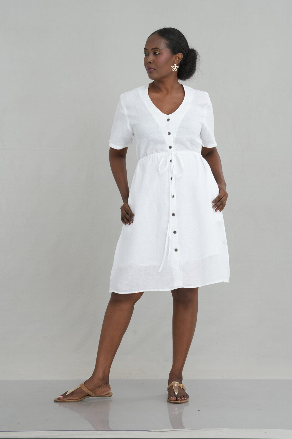 Drawstring Waist Linen Short Dress for Women - gallery