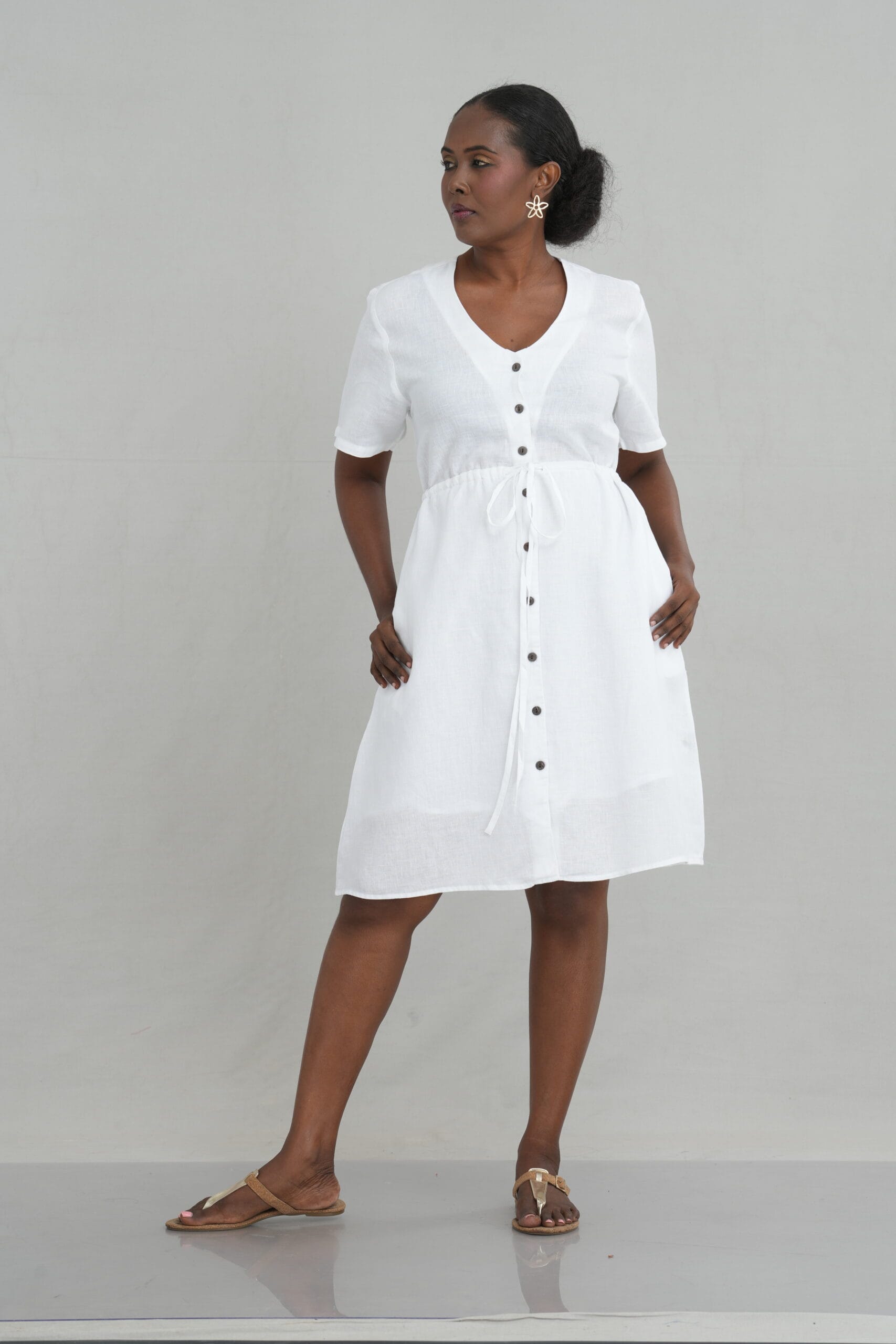 Drawstring Waist Linen Short Dress for Women - gallery