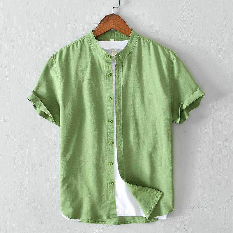 Simple Style Short Sleeve Cotton Linen Shirt for Men