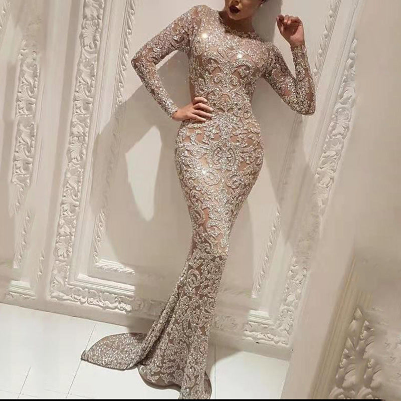 Chic Long Sleeve Slim Fit Women's Dress with Elegant Bronzing Accents