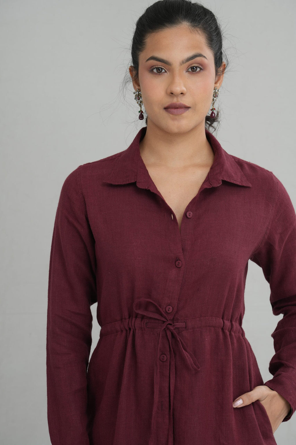 Drawstring Waist Linen Maxi Shirt Dress for Women