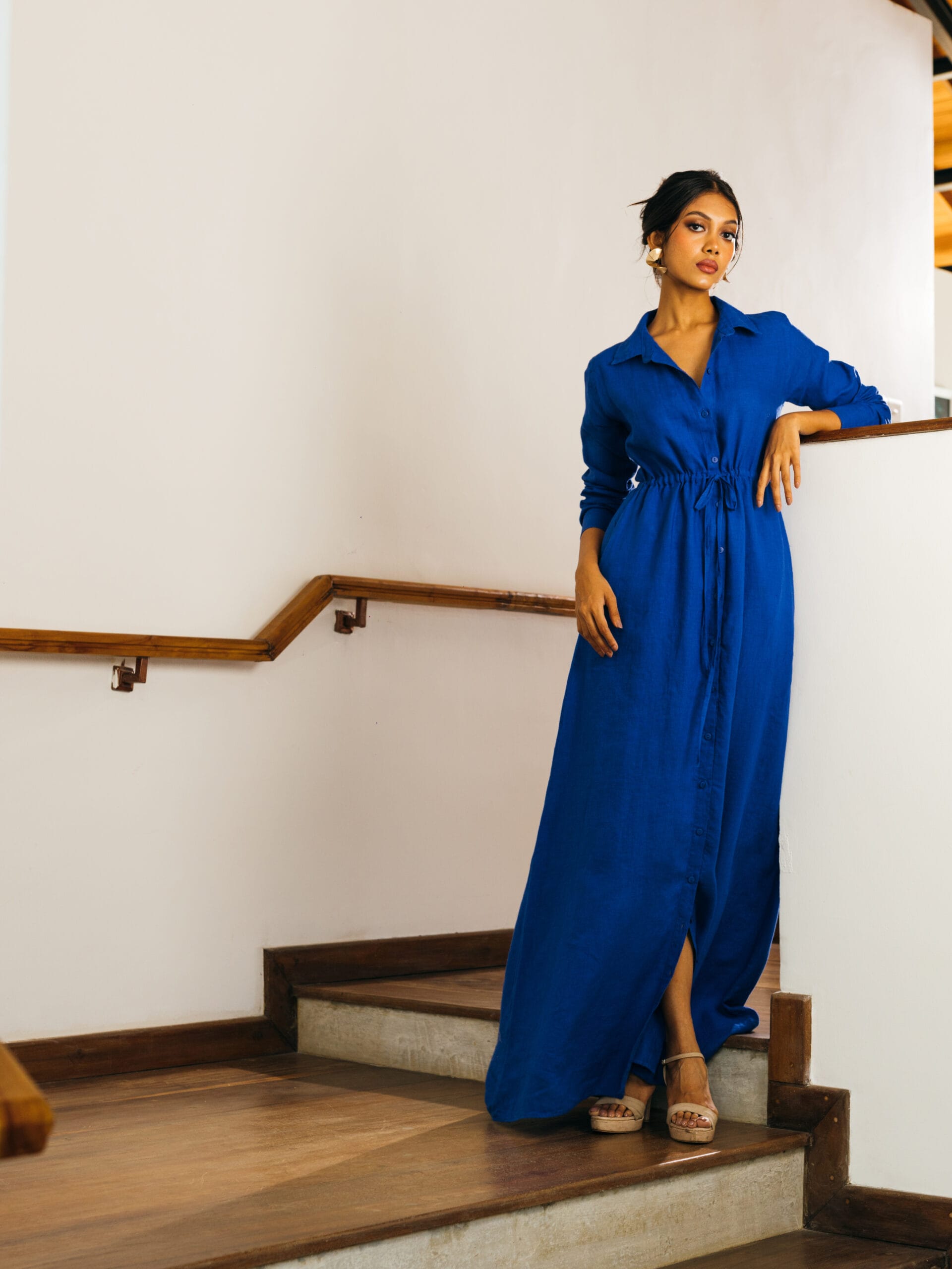 Drawstring Waist Linen Maxi Shirt Dress for Women - gallery
