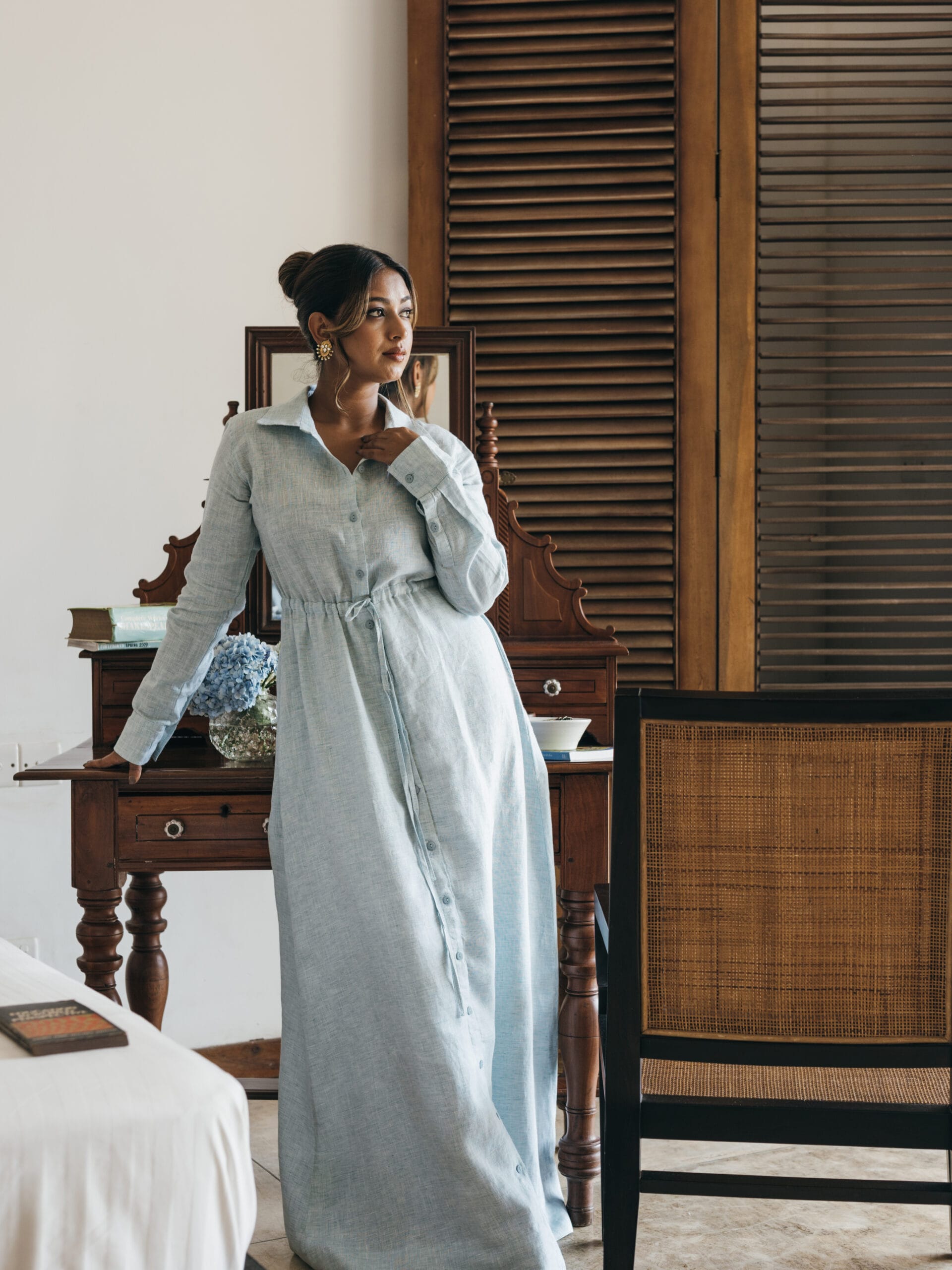 Drawstring Waist Linen Maxi Shirt Dress for Women - gallery