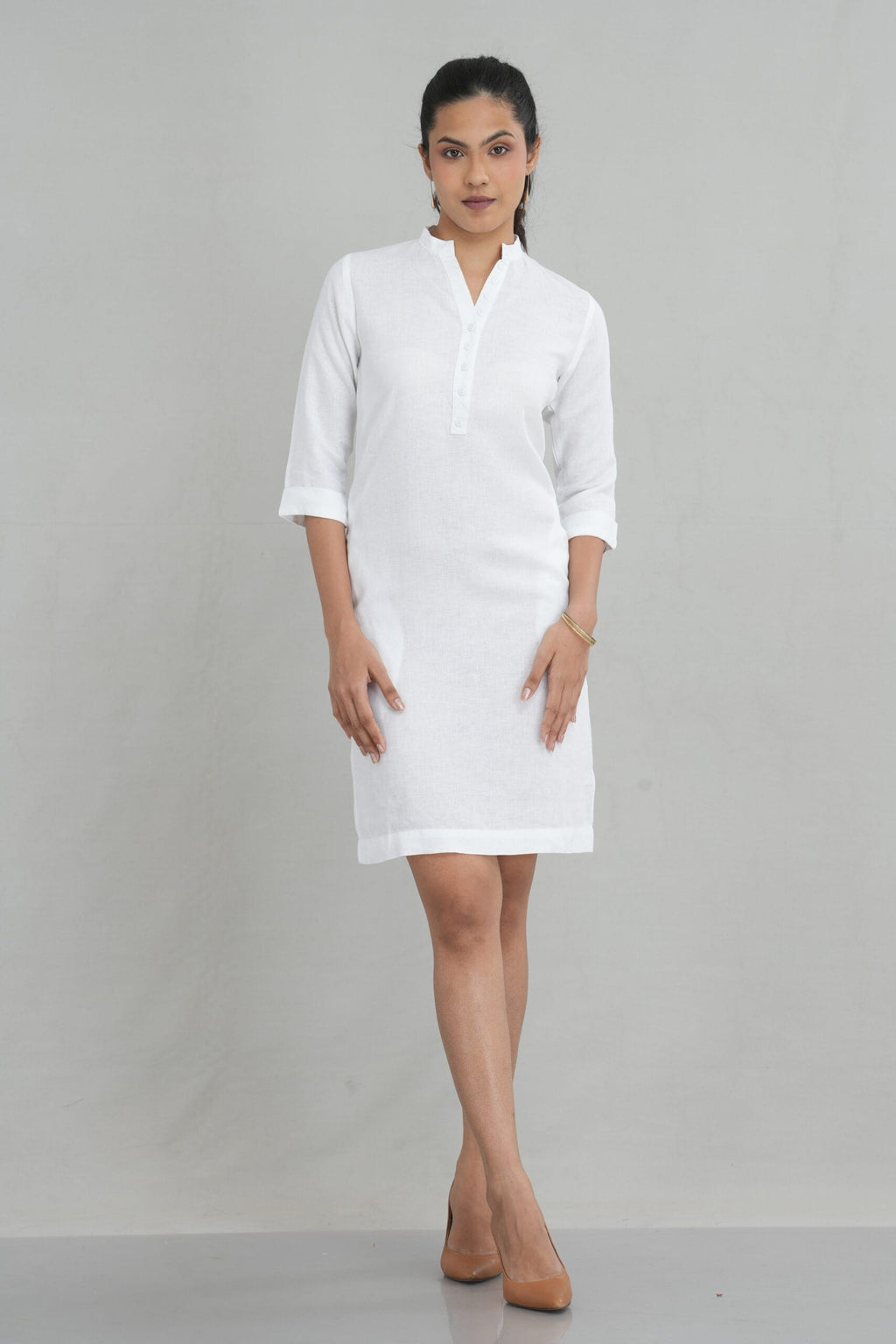 Contour Linen Mandarin Collar Tunic Dress for Women