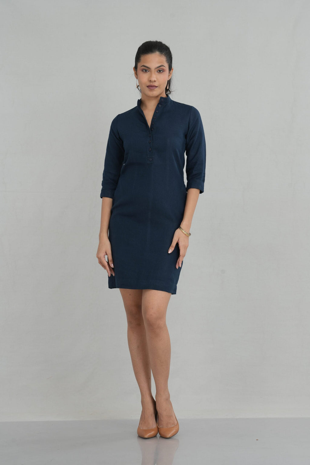 Contour Linen Mandarin Collar Tunic Dress for Women - gallery
