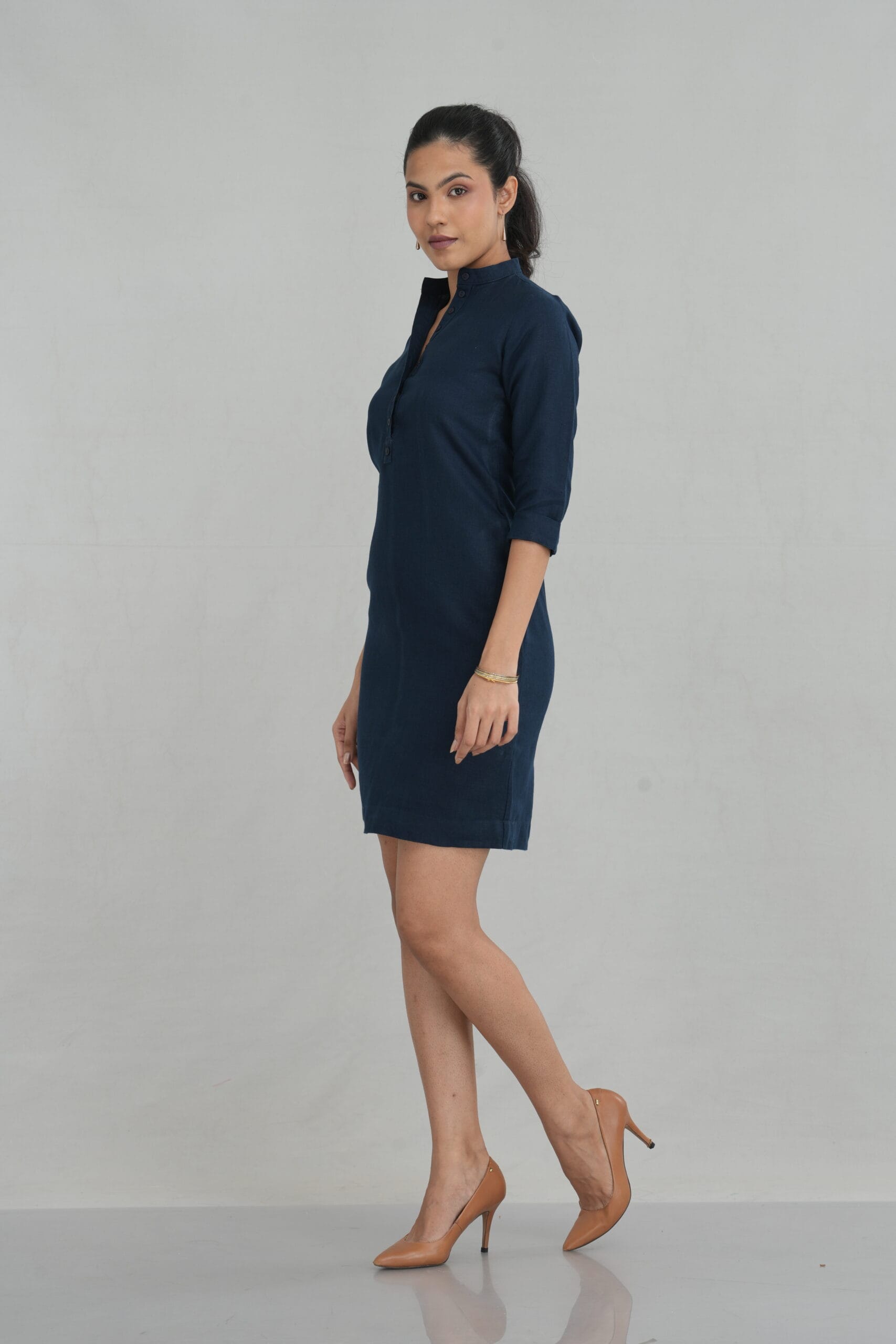Contour Linen Mandarin Collar Tunic Dress for Women - gallery