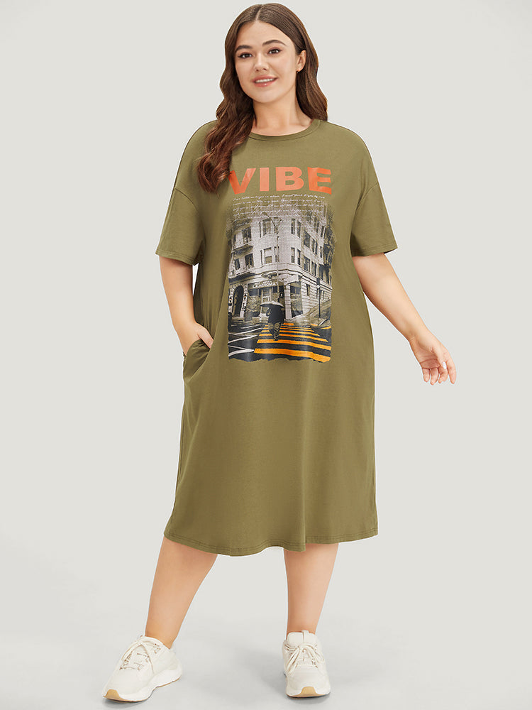 Letter & Graphic Print Pocket Crew Neck Dress for Women - gallery