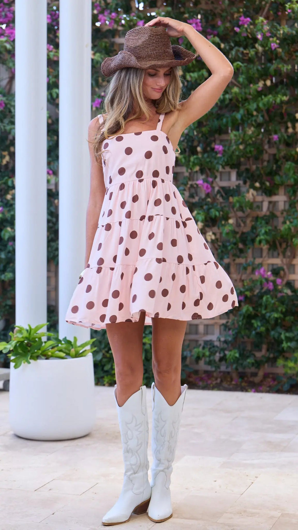Polka Dot Tiered Mini Dress for Women — Pink and Chocolate - gallery