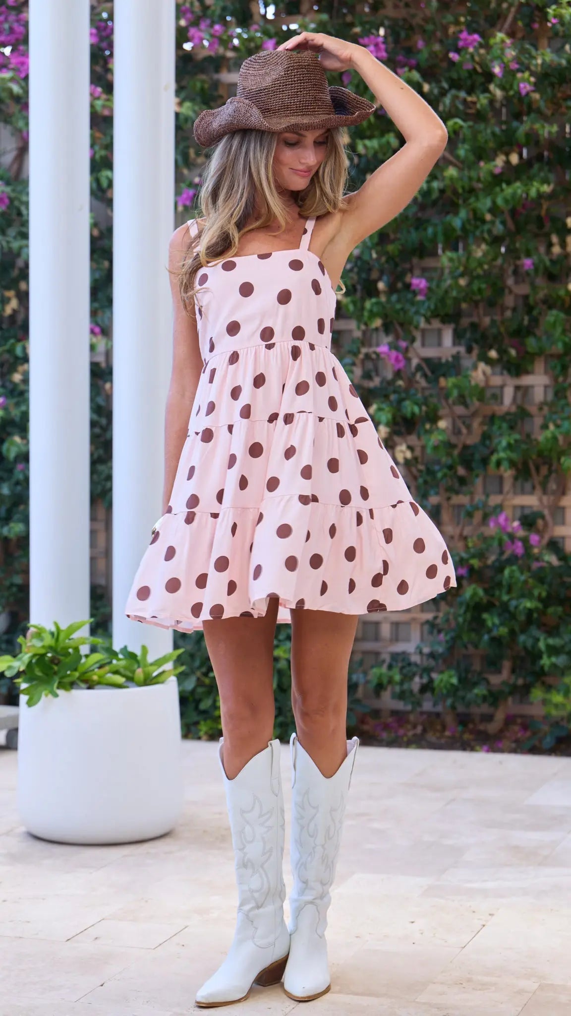 Polka Dot Tiered Mini Dress for Women — Pink and Chocolate - gallery