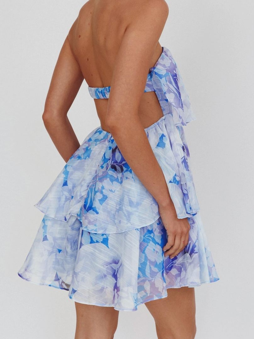 Blue Chiffon Tiered Mini Dress for Women — Strapless Floral - gallery