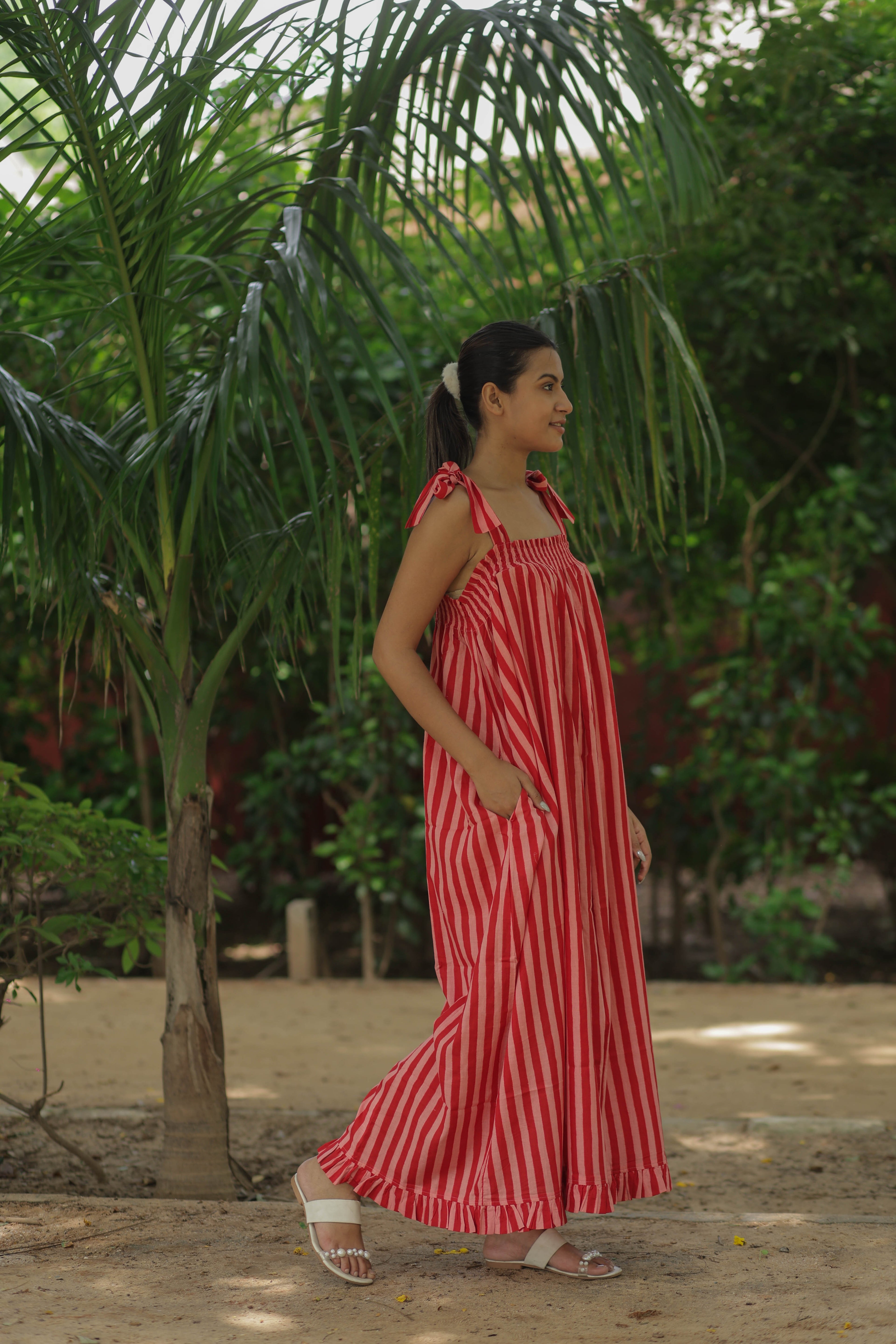 Hand Block Print Cotton Halter Dress with Pockets for Women