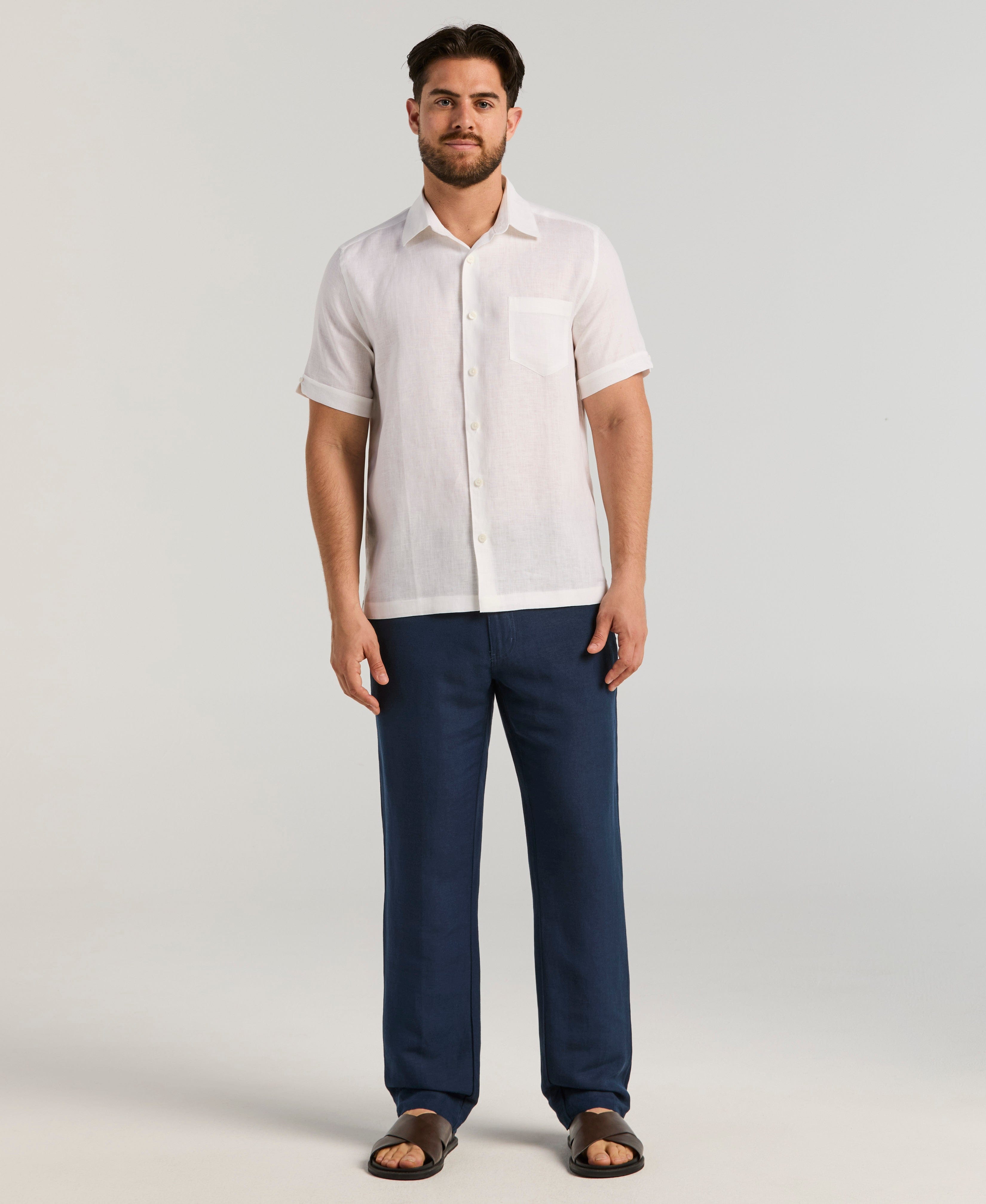 Classic Solid Pure Linen Short Sleeve Shirt for Men - gallery
