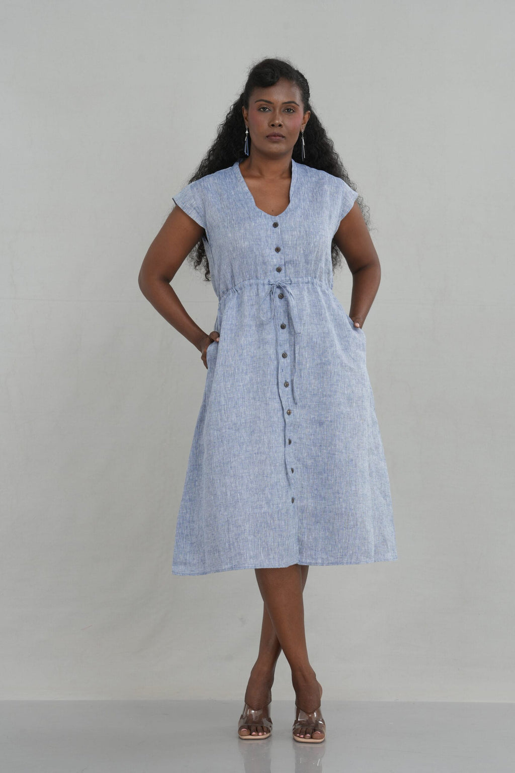 Drawstring Waist Linen Midi Dress for Women - gallery