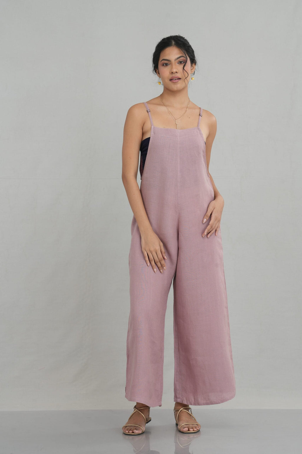 Wide Linen Jumpsuit with Shoulder Straps for Women