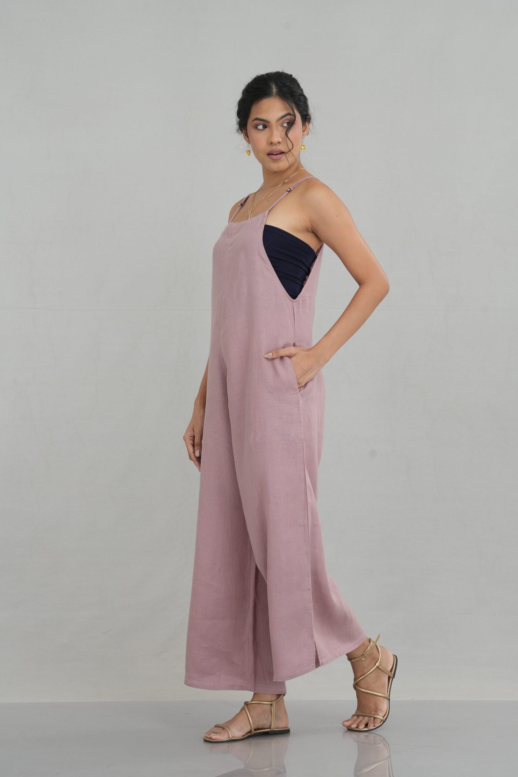Wide Linen Jumpsuit with Shoulder Straps for Women - gallery