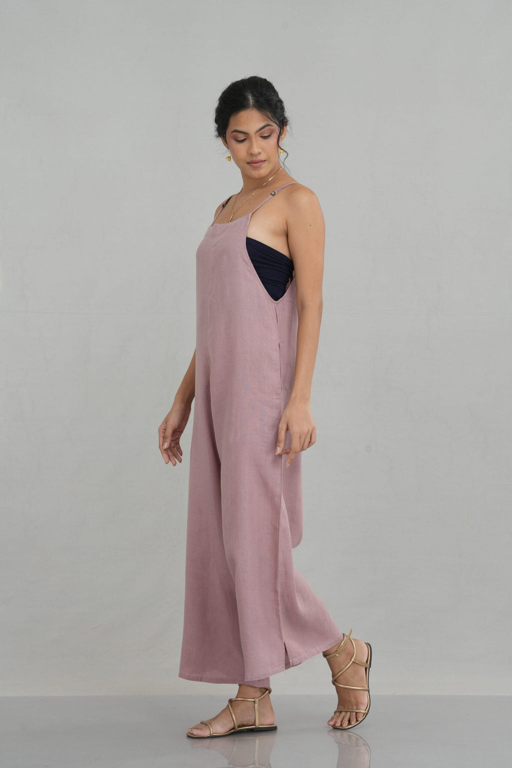 Wide Linen Jumpsuit with Shoulder Straps for Women - gallery