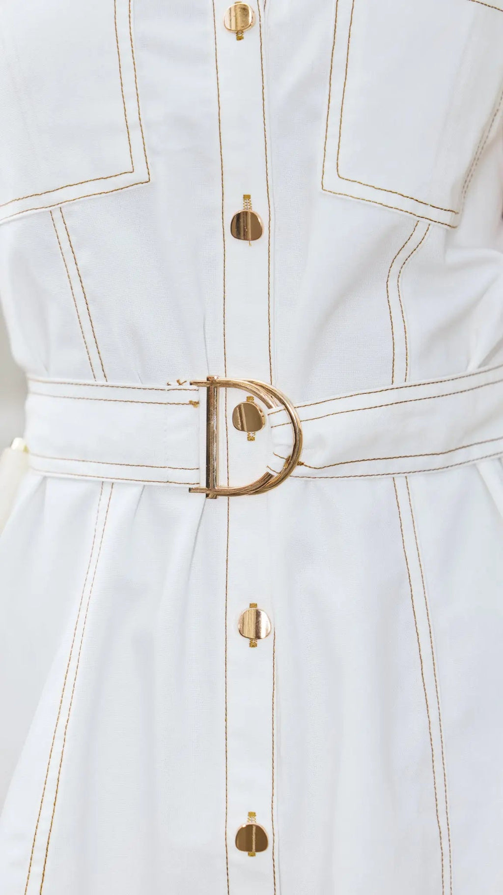 White Belted Mini Dress for Women — Tailored Collar Gold Buckle - gallery
