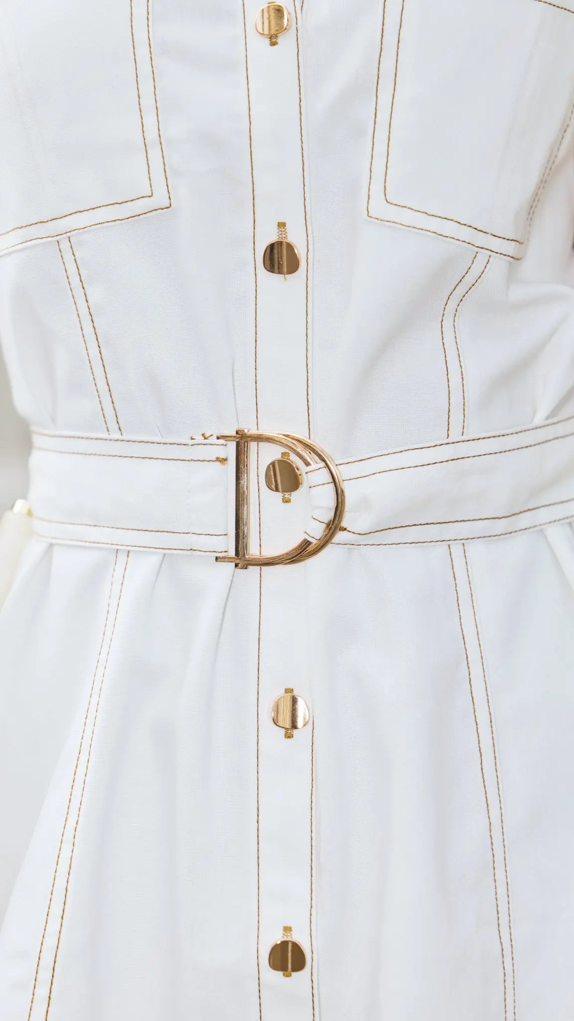 White Belted Mini Dress for Women — Tailored Collar Gold Buckle - gallery