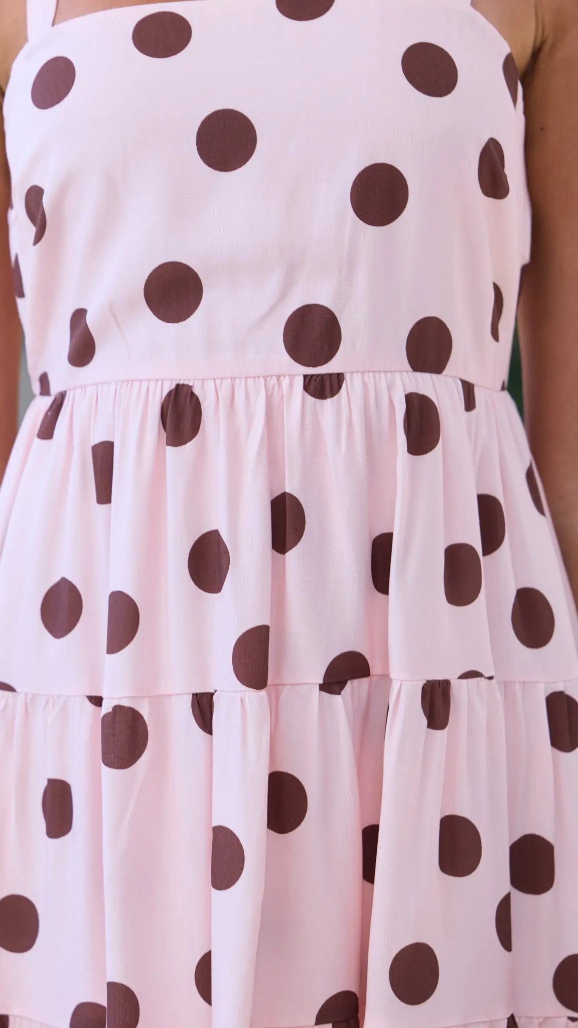 Polka Dot Tiered Mini Dress for Women — Pink and Chocolate - gallery