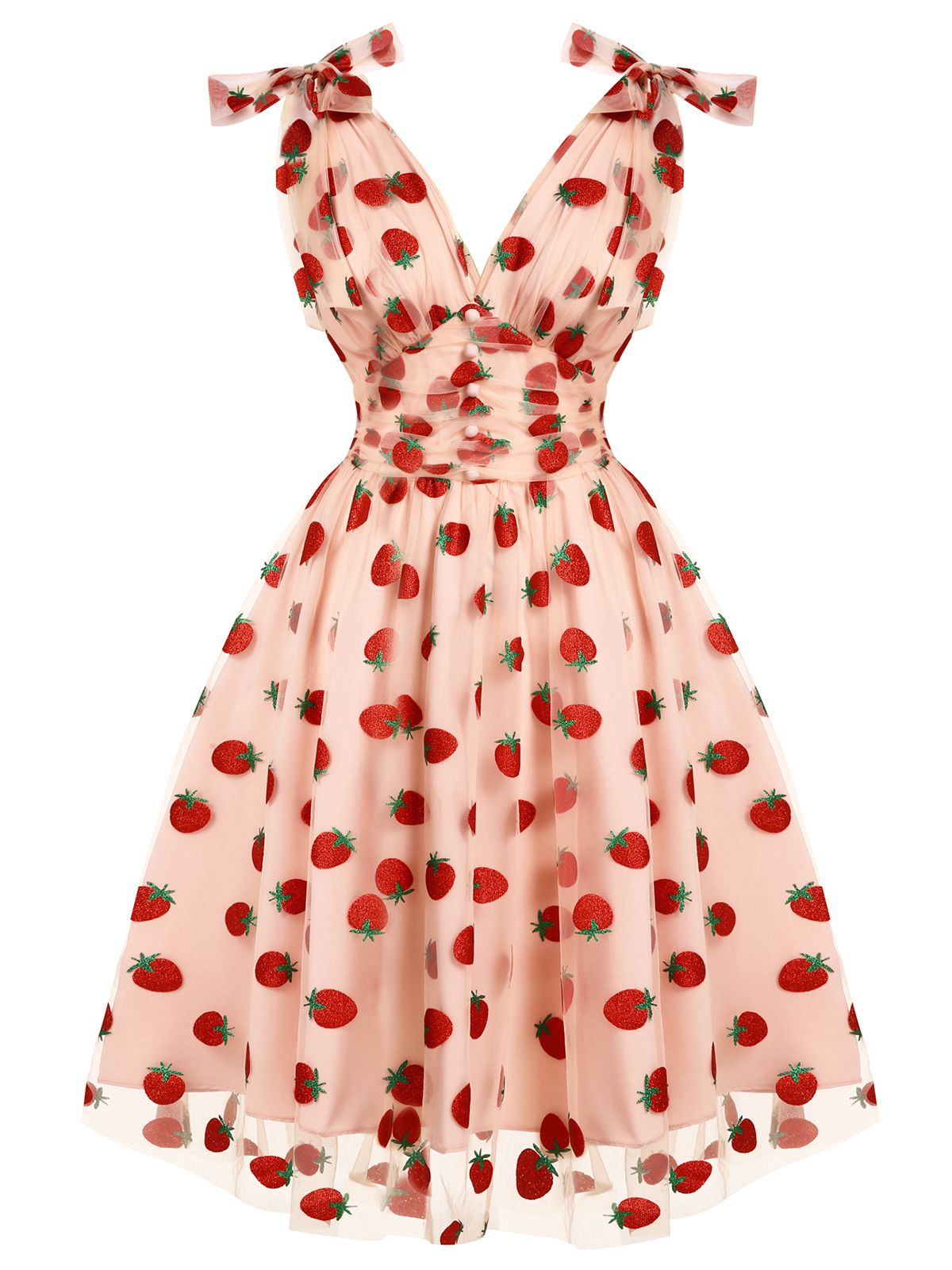 Pink Strawberry Mesh Swing Dress for Women - gallery