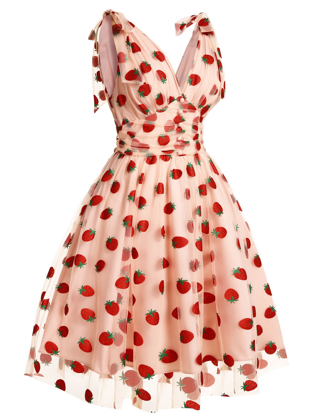 Pink Strawberry Mesh Swing Dress for Women - gallery
