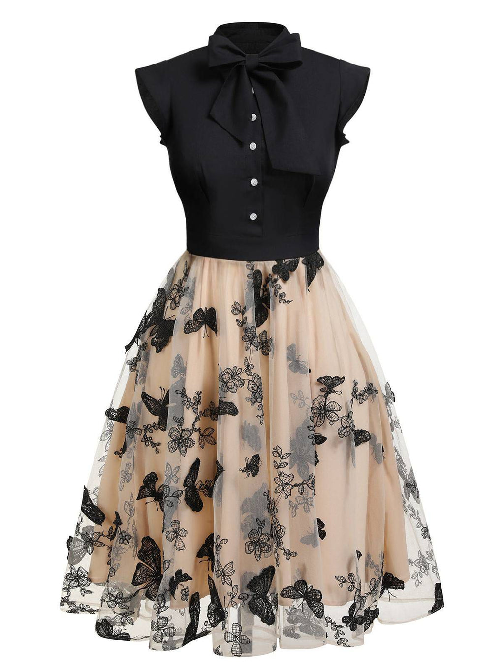 Black Butterfly Patchwork Vintage Dress for Women - Black