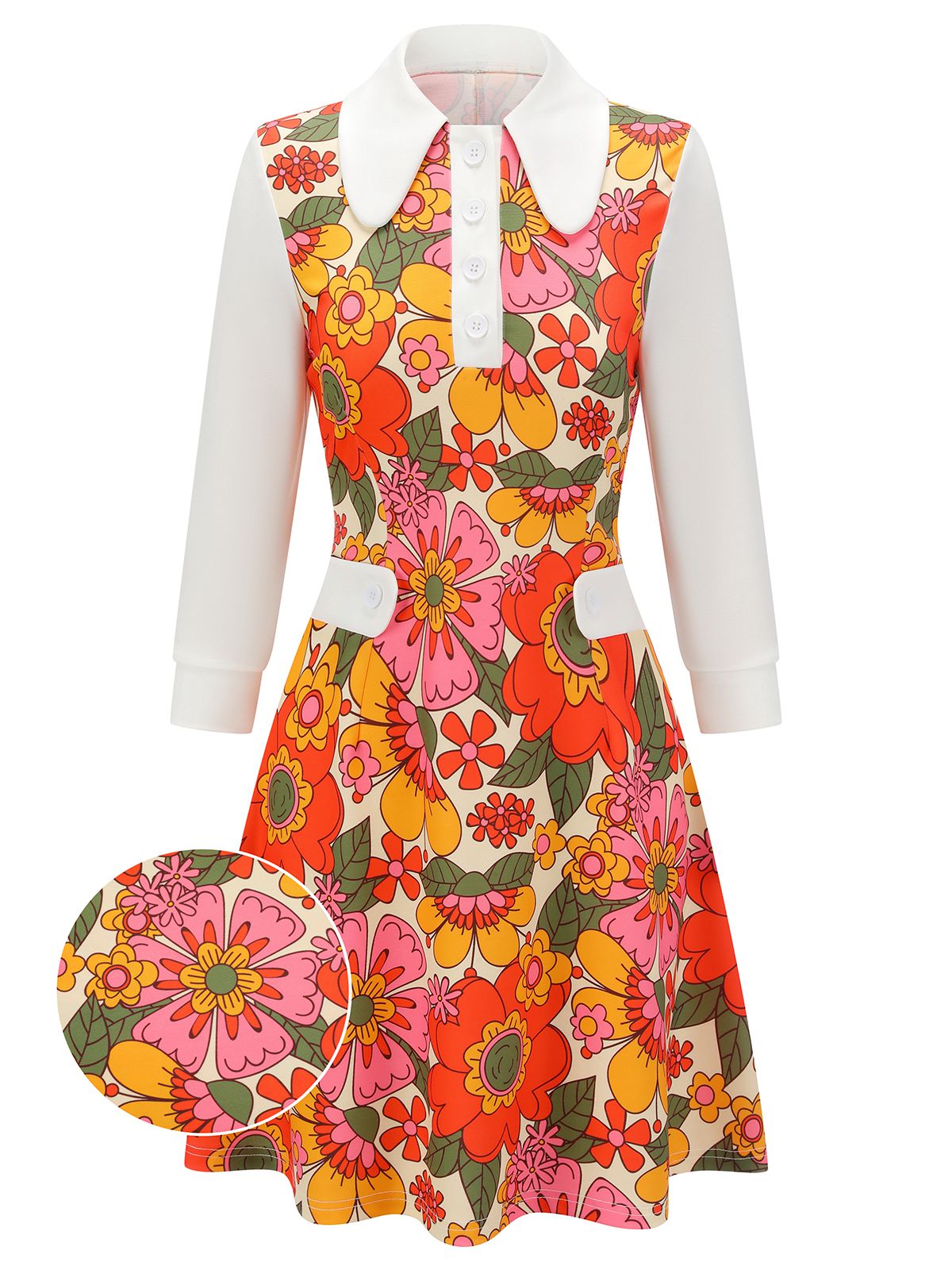 Orange Lapel Flowers Patchwork Dress for Women