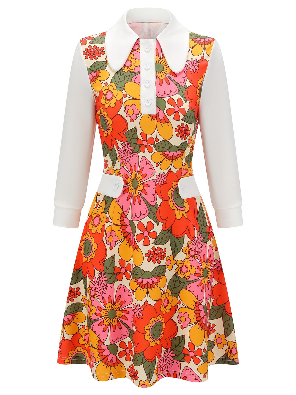 Orange Lapel Flowers Patchwork Dress for Women - gallery