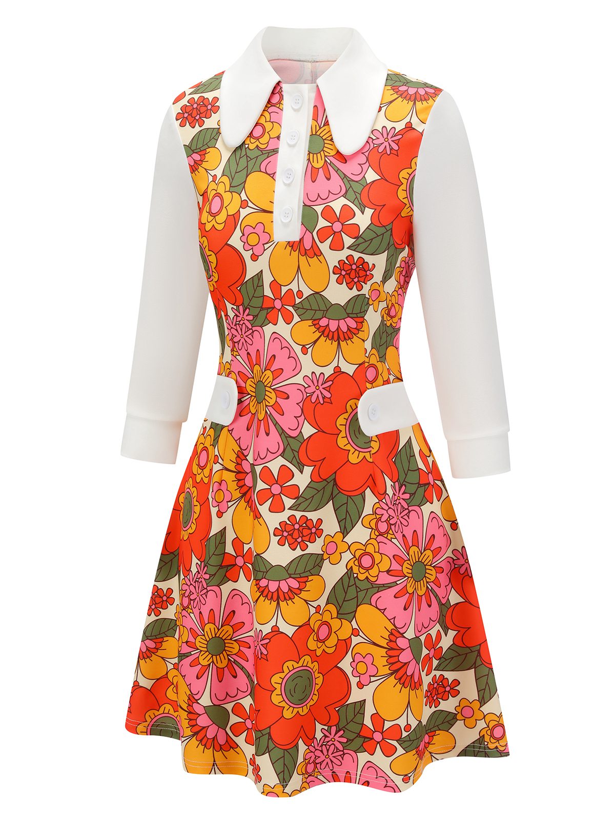 Orange Lapel Flowers Patchwork Dress for Women - gallery