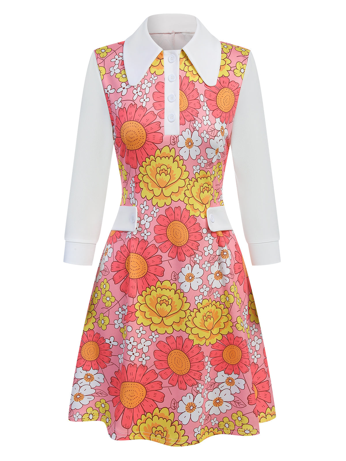 Orange Lapel Flowers Patchwork Dress for Women - gallery