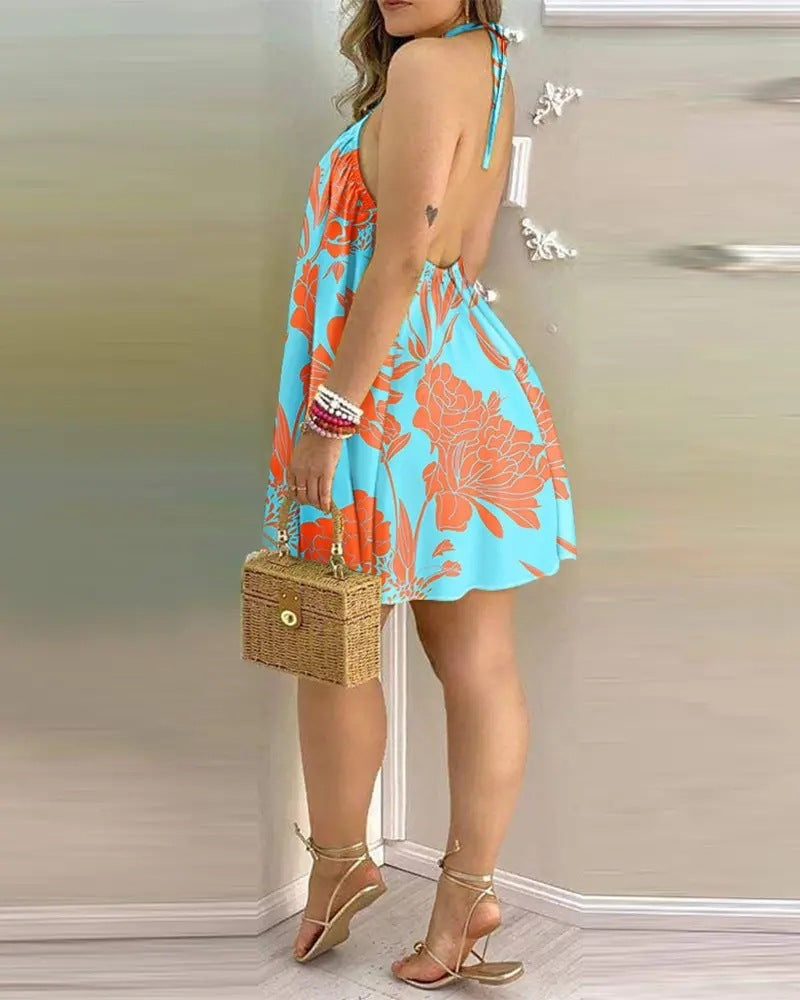 Printed Dress Summer Off-Shoulder Hanging Neck Sleeveless Sexy Dresses - gallery