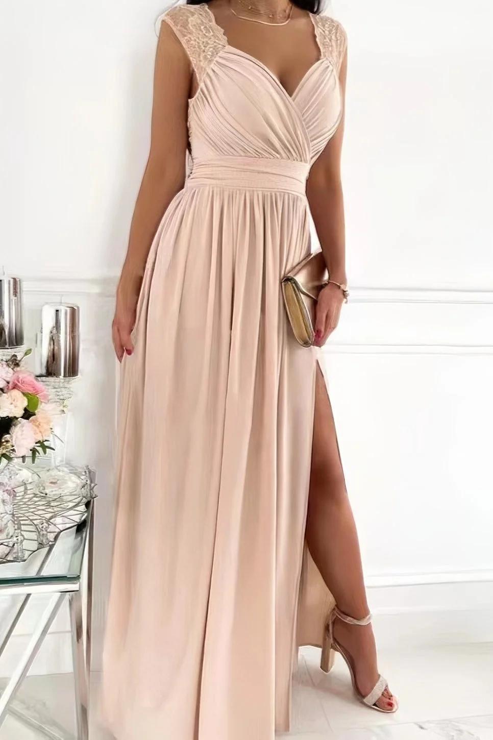 Lace Sleeveless Dress Featuring Hem and Back Cutouts