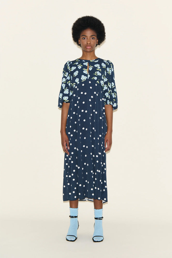 Dahlia Navy Polka & Powder Blue Floral Dress - gallery