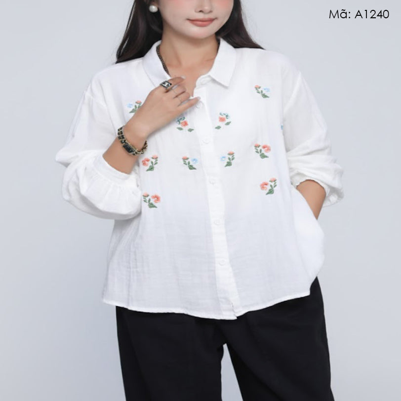 Embroidered Floral Long Sleeve Linen Shirt for Women - Pattern 1